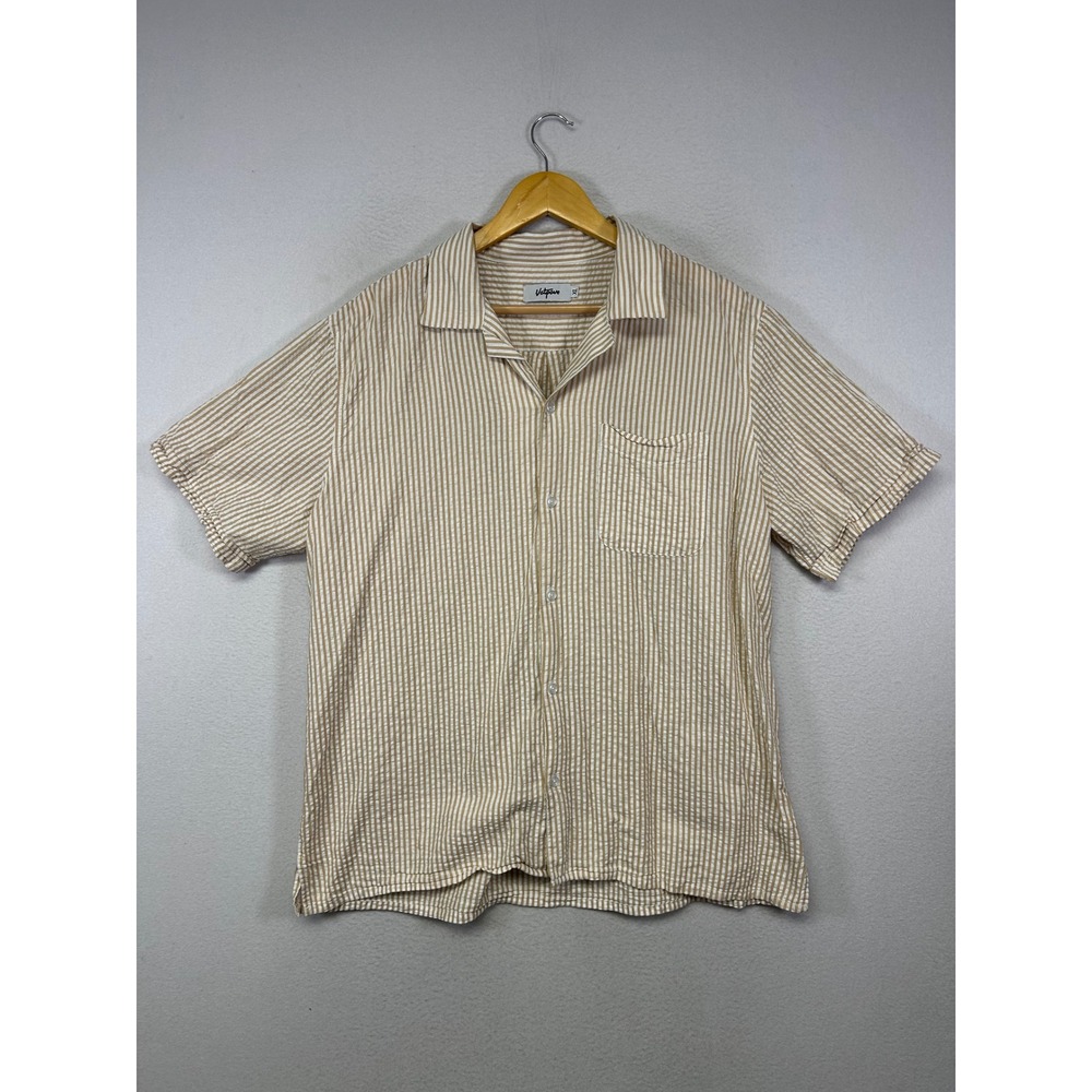 Summer Coastal Vatpave Mens XL Tan White Striped Seersucker Short Sleeve Shirt